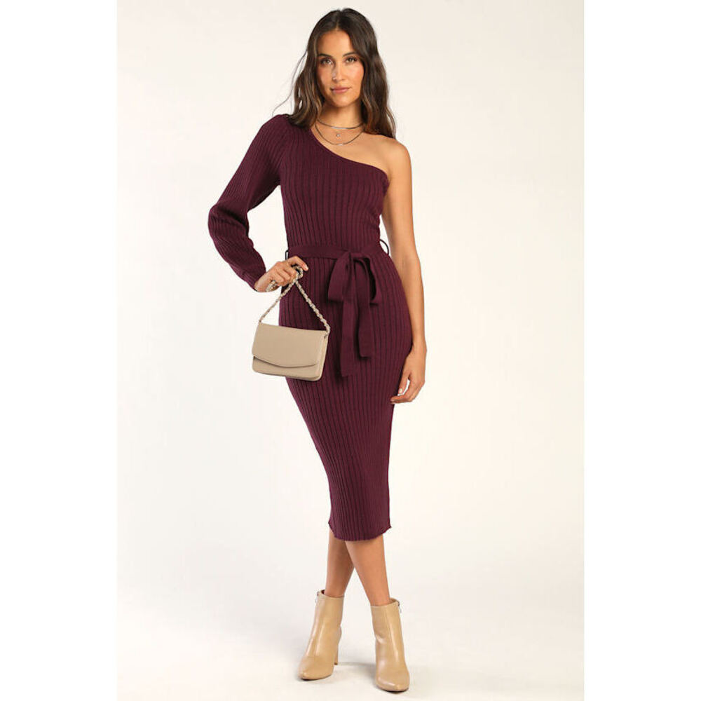 Lulus Abundant Allure Plum Purple One-shoulder Sweater Dress - Size XS